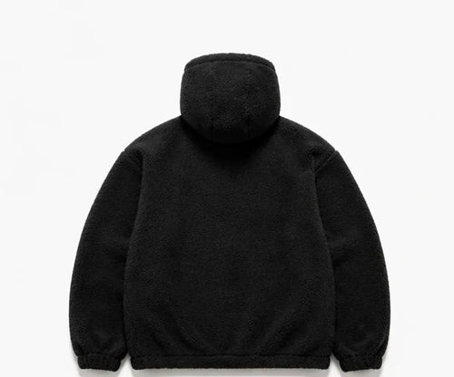 Enzé Midnight Hoodie — Back view of black heavyweight fleece hoodie showing oversized relaxed fit and structured hood