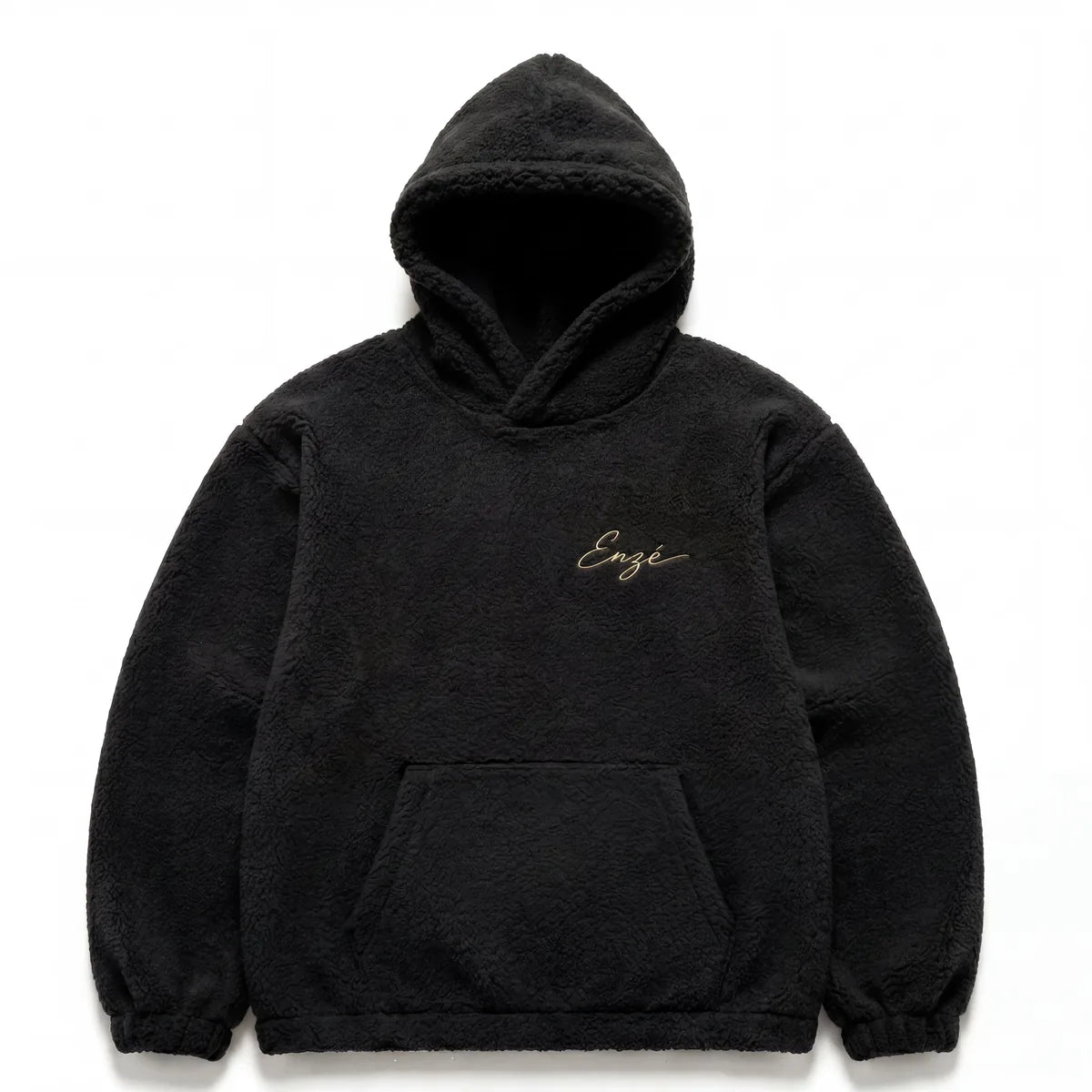 Enzé Midnight Hoodie — Black heavyweight teddy fleece hoodie with cream embroidered script logo, front view