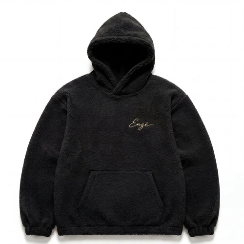 Enzé Midnight Hoodie — Black heavyweight teddy fleece hoodie with cream embroidered script logo, front view